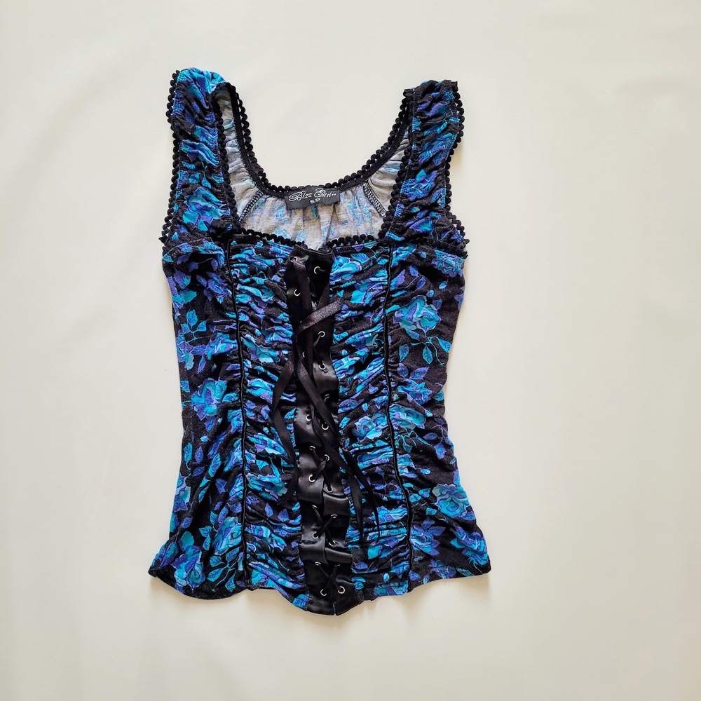 Vintage-Inspired Black & Blue Floral Lace-Up Tank Top